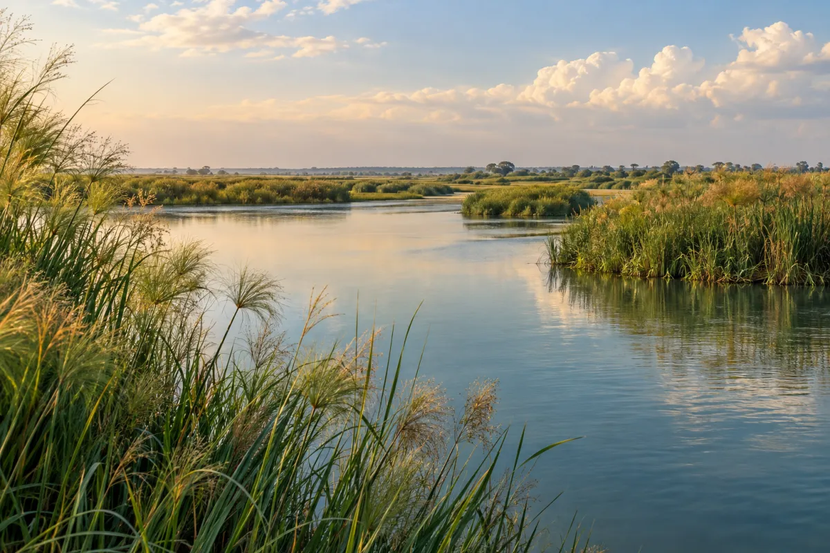 Illustrative river and reeds in evening light