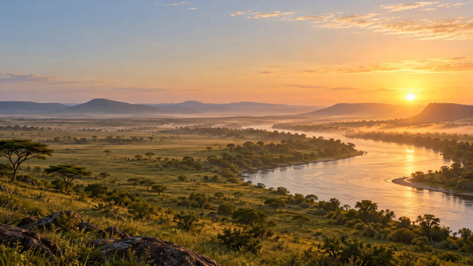 Illustrative golden landscape and a winding river