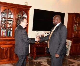 The first vice president and the United State Ambassador to South Sudan Michael Adler after the meeting. [Photo: FVP press]
