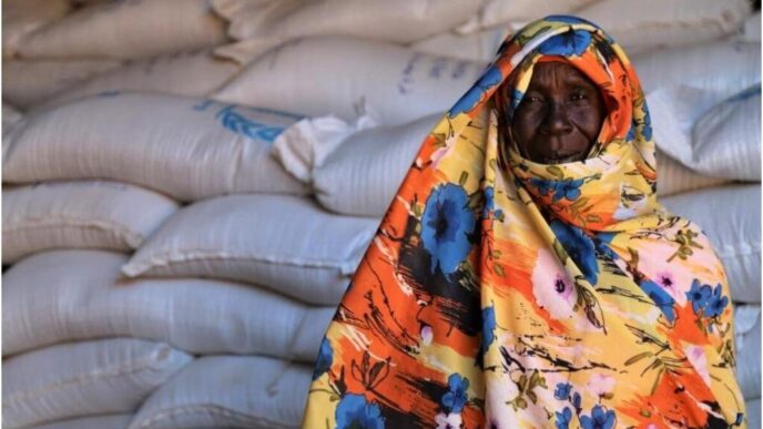 A Sudanese woman stand besides humanitarian aid WFP photo