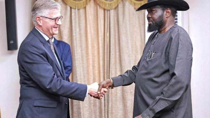 President Kiir shakes hand with Jean Pierre Lacroix on February 21 2024