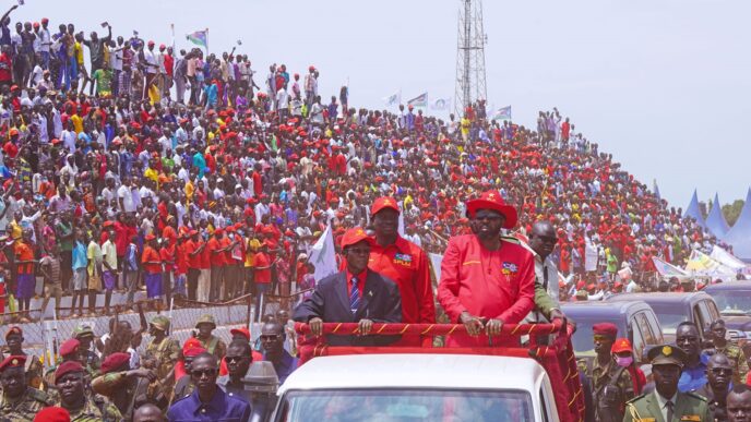 Wani and Kiir at an SPLM endorsement for 2023 elections at rally in Wau on July 2023