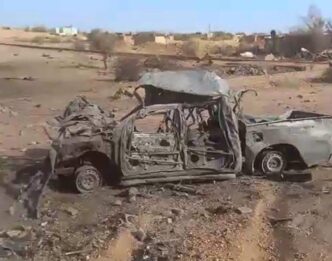 An RSF vihcule destroyed by the Sudanese troops in Al Kadaro Jaili route on March 11 2024
