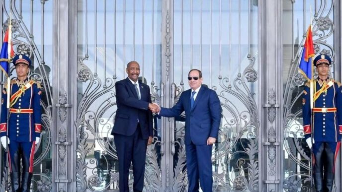 President al Sisi shakes hand with al Burhan on August 29 2023