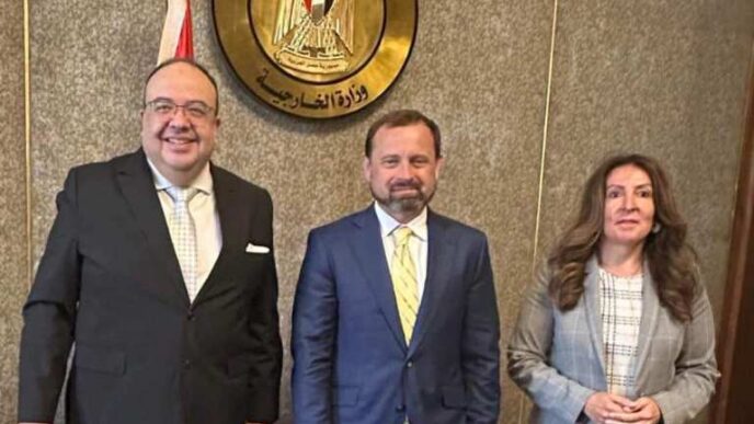Ambassador Hossam Issa Director of the Department of Sudan poses with U.S. Envoy to Sudan Tom Perriello and US Ambassador to Egypt on April 3 2024