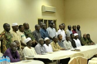 Leaders of Darfur groups pose ensemble after agreement to join efforts against the RSF in Barkal on April 28 2024