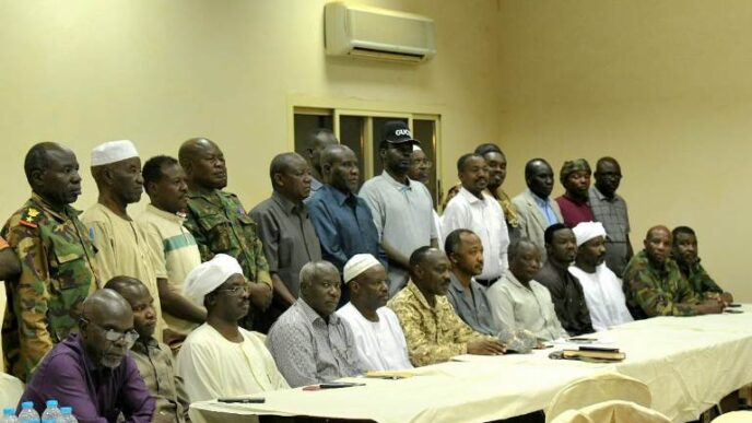 Leaders of Darfur groups pose ensemble after agreement to join efforts against the RSF in Barkal on April 28 2024